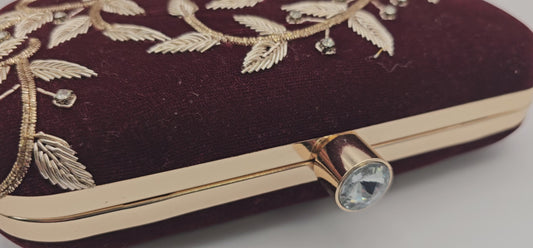 Maroon Velvet Floral Gold Clutch Bag