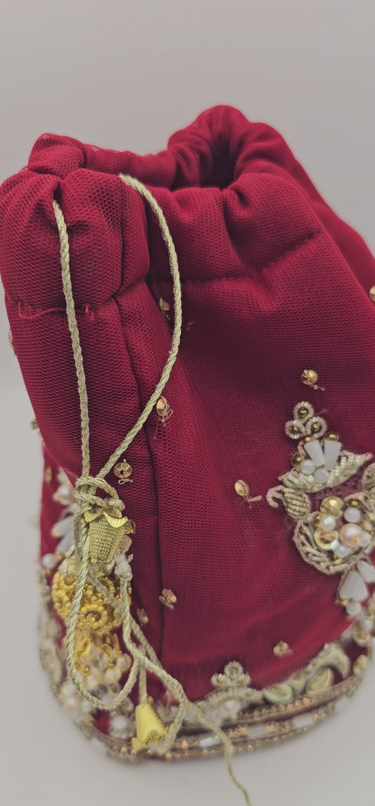 Maroon Red  Embroidered With Gold & Rhinestone Detailing Potli Lotus Bag