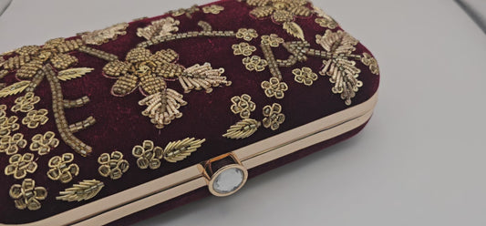 Maroon Velvet Floral Gold Clutch Bag