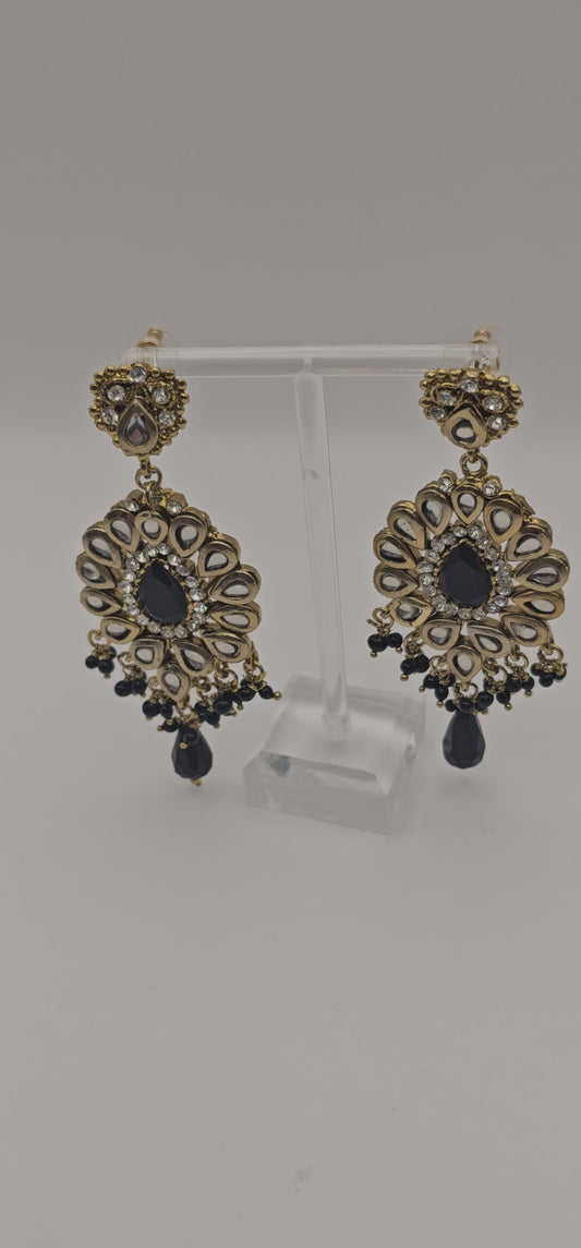Gouri Black Kundan /Gold Diamante Earrings - Gold