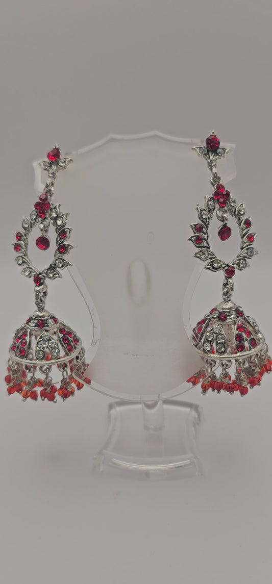 Indian Style Necklace Ruby Red and Silver Gems and Beaded Hanging Pendant