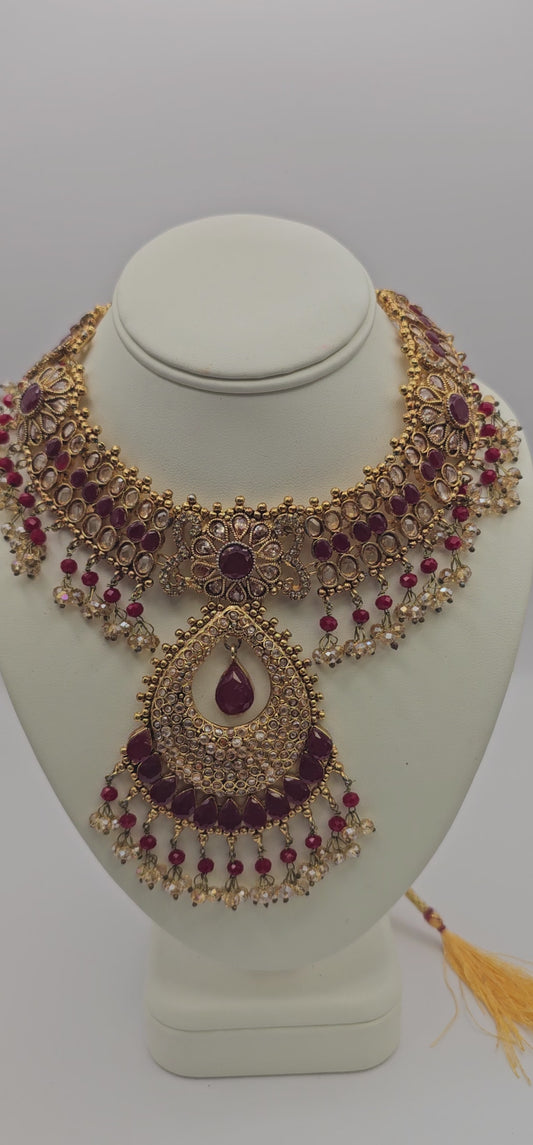 Bridal Indian Pakistani Set Red & Gold Jewellery Necklace