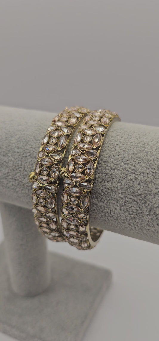 Antique Gold Champagne Zircon Thick Heavy Kada Bangles End Bangles Indian Pakistani Jewelley  Size 2.6