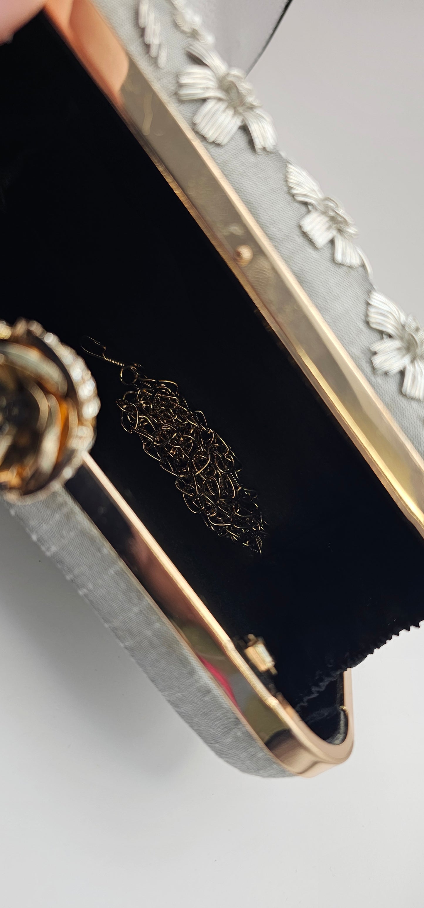 Silk Grey Embroidered Floral Pearl Design & Rose Gold Clutch Bag