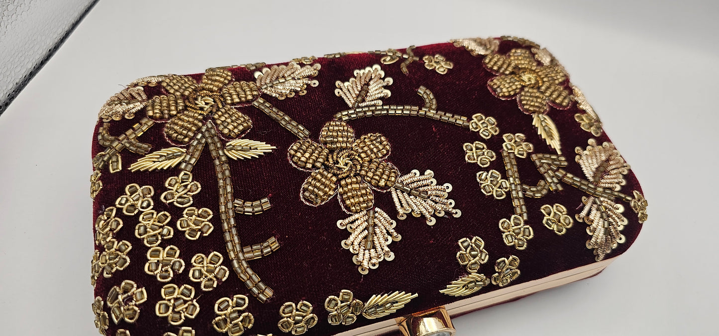 Maroon Velvet Floral Gold Clutch Bag