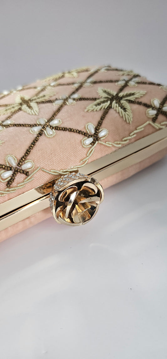 Peach, Gold & Pearl Embroidered Clutch Bag