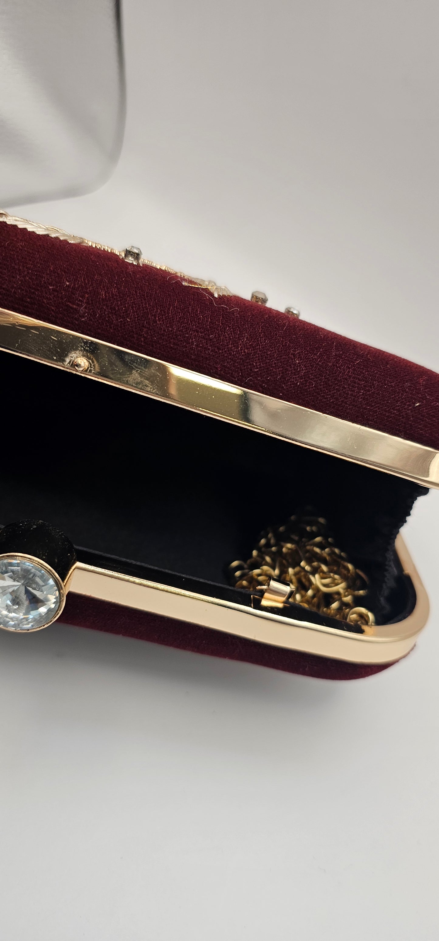 Maroon Velvet Floral Gold Clutch Bag