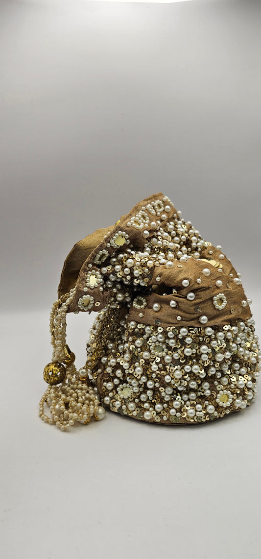 Gold & Brown Sequins, Pearls, Cut Work Poly Silk Embellished Potli Bag