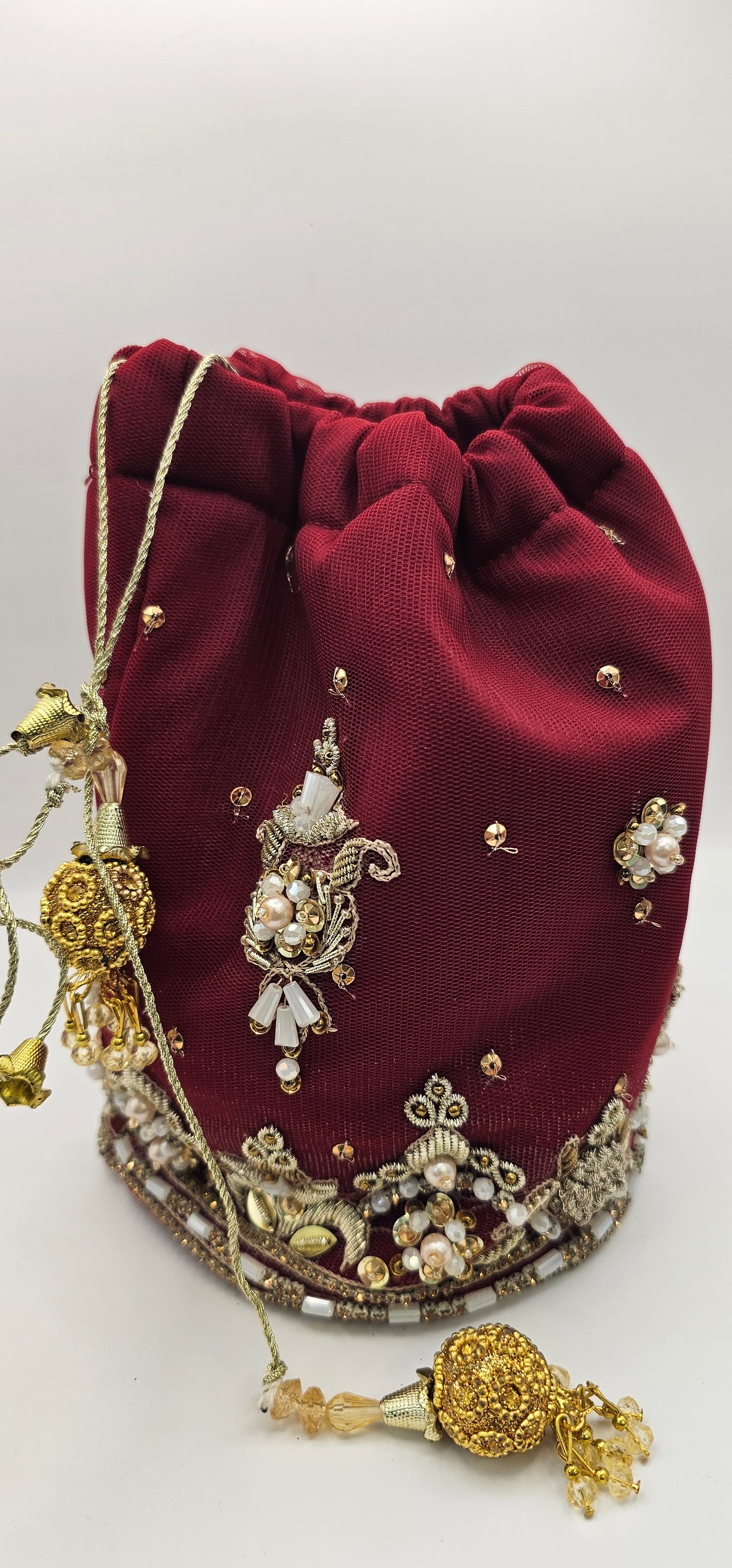 Maroon Red  Embroidered With Gold & Rhinestone Detailing Potli Lotus Bag