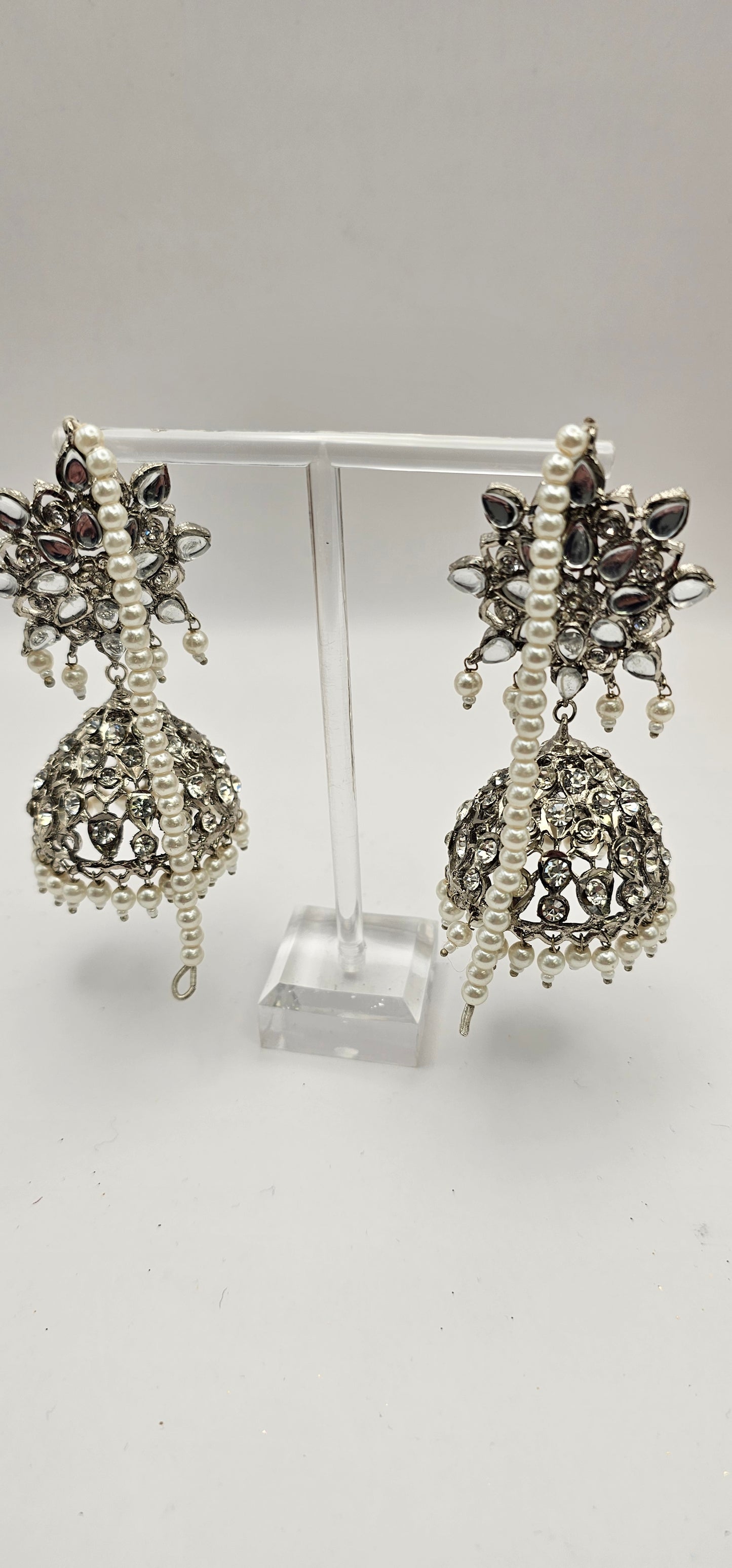 Silver Earrings With Crystal & Pearl Detail