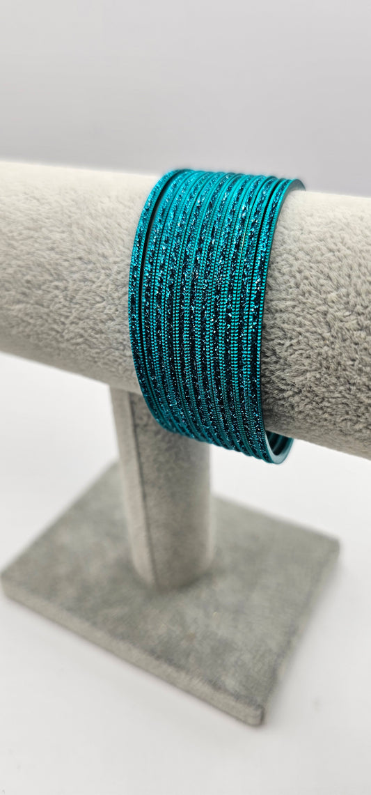 Turquoise Blue Sparkly Indian Metal Bangles Size 2.6