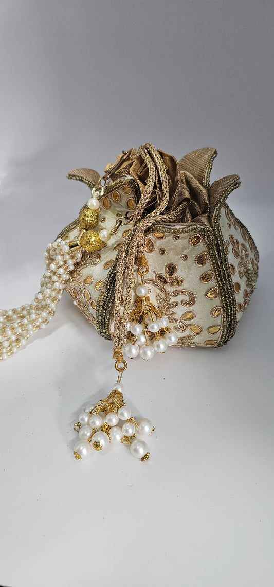 GOLD Pearl Handcrafted Silk Floral Embroidered Potli Bag•GOLD Wrist Bag•Indian Gold Embellished Bag•Potli•Gold Bag•Indian Potli Bag•Potlis