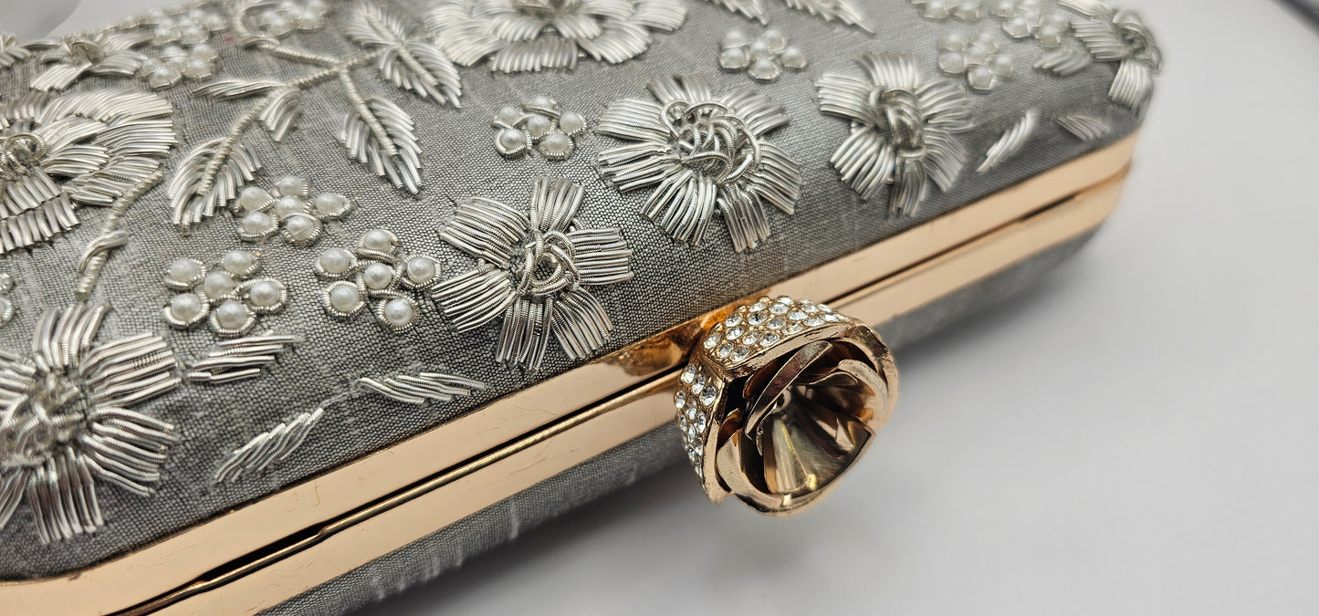 Silk Grey Embroidered Floral Pearl Design & Rose Gold Clutch Bag