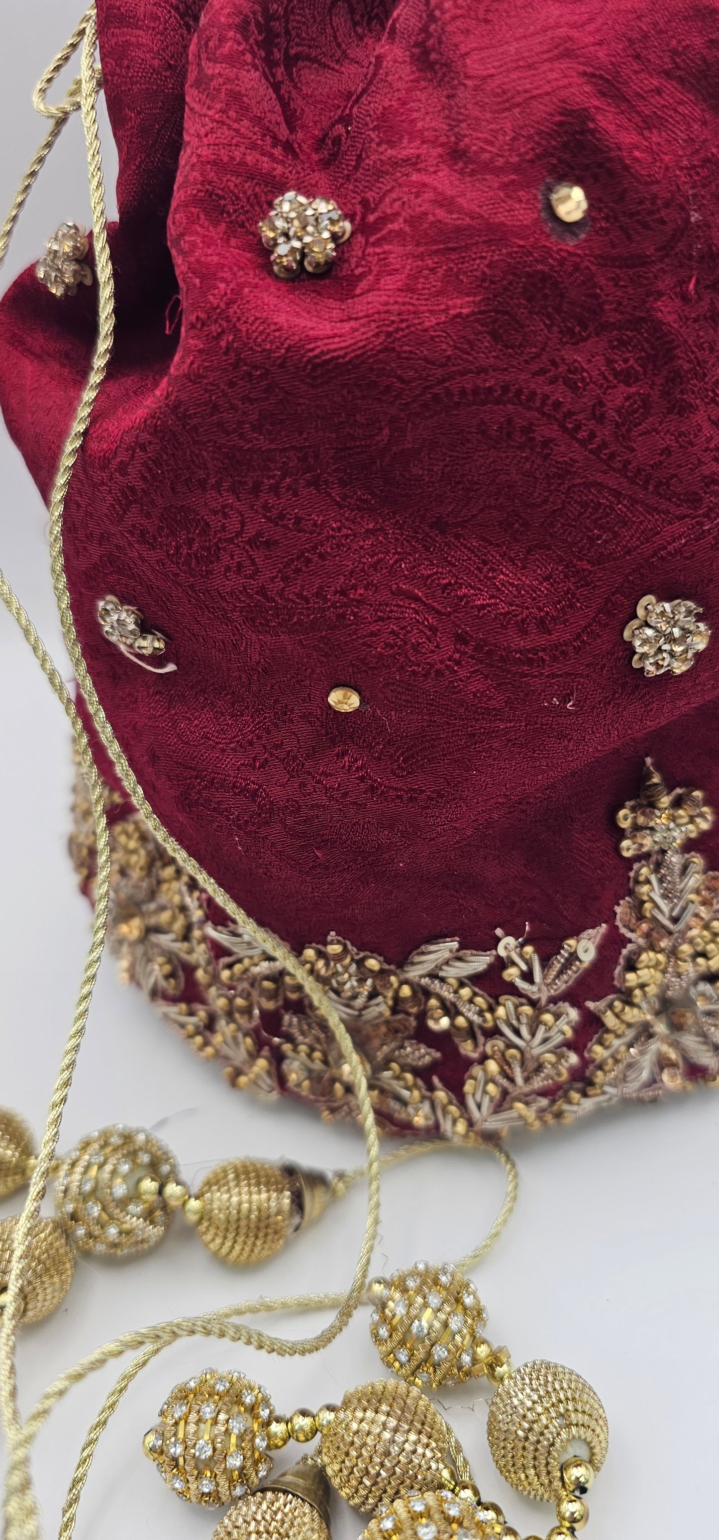 Maroon Red  Embroidered With Gold & Rhinestone Detailing Potli Lotus Bag