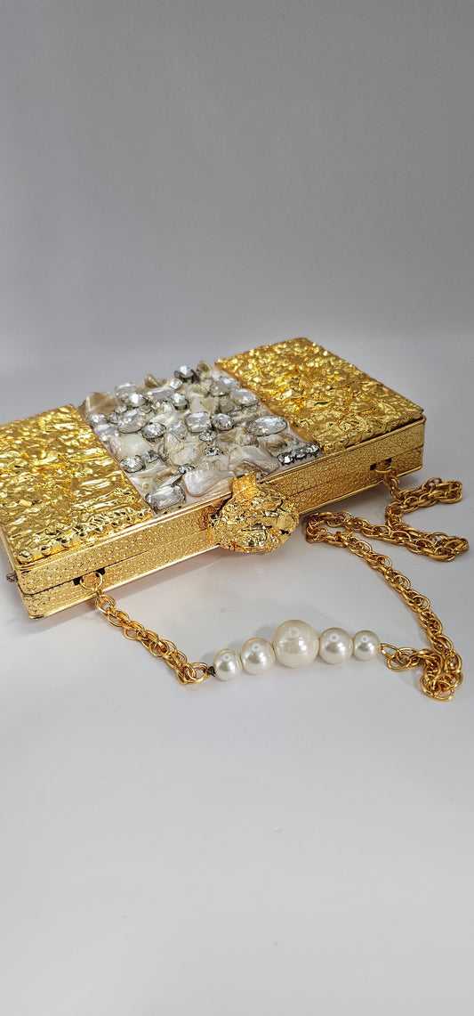 Gold Handmade Clutch Metallic Mother of Pearl Bridal Gold Embellished Luxury Brass Purse for Women