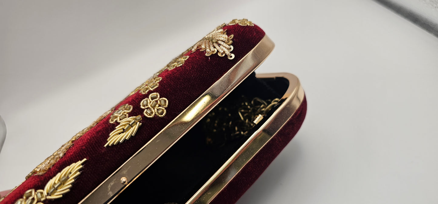 Maroon Velvet Floral Gold Clutch Bag