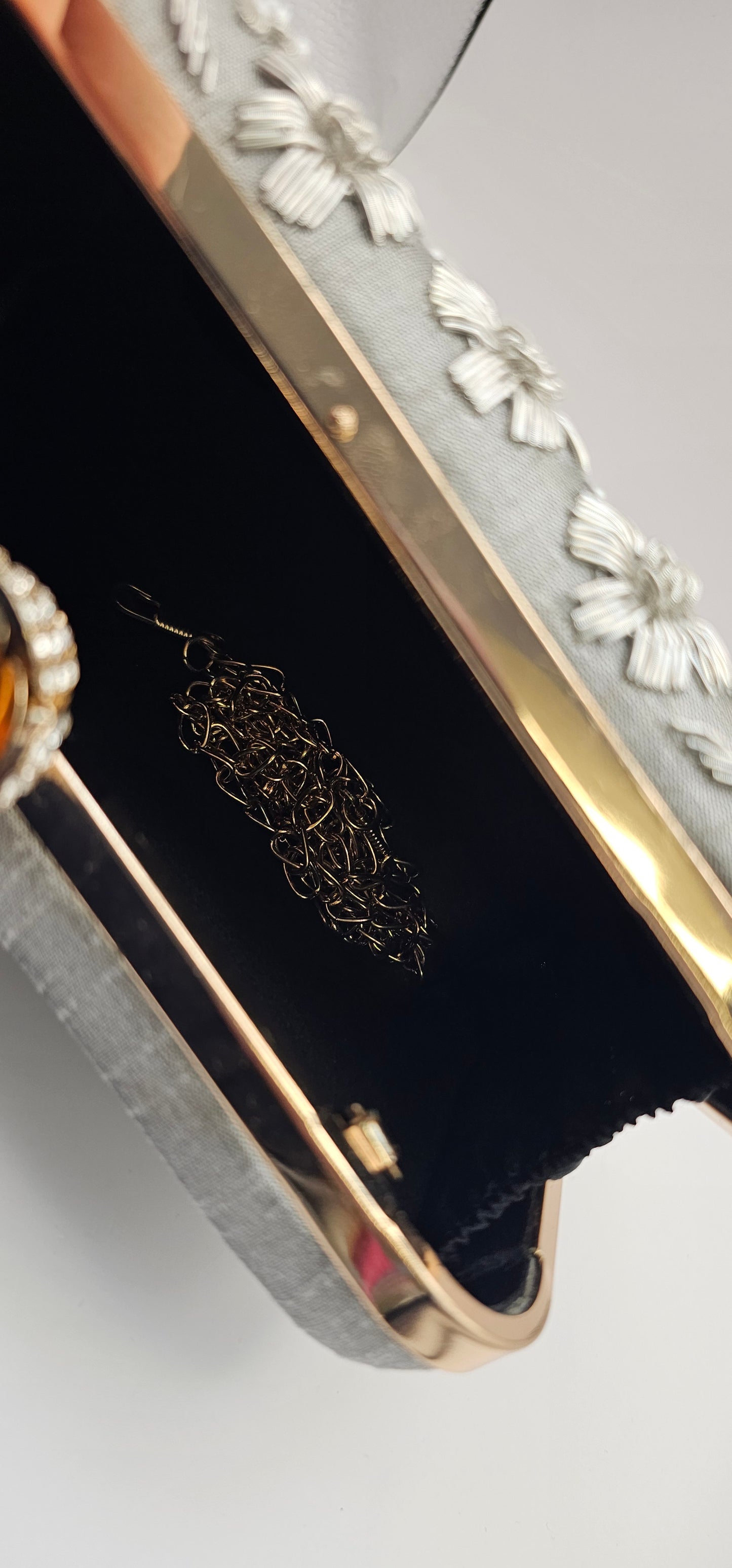 Silk Grey Embroidered Floral Pearl Design & Rose Gold Clutch Bag