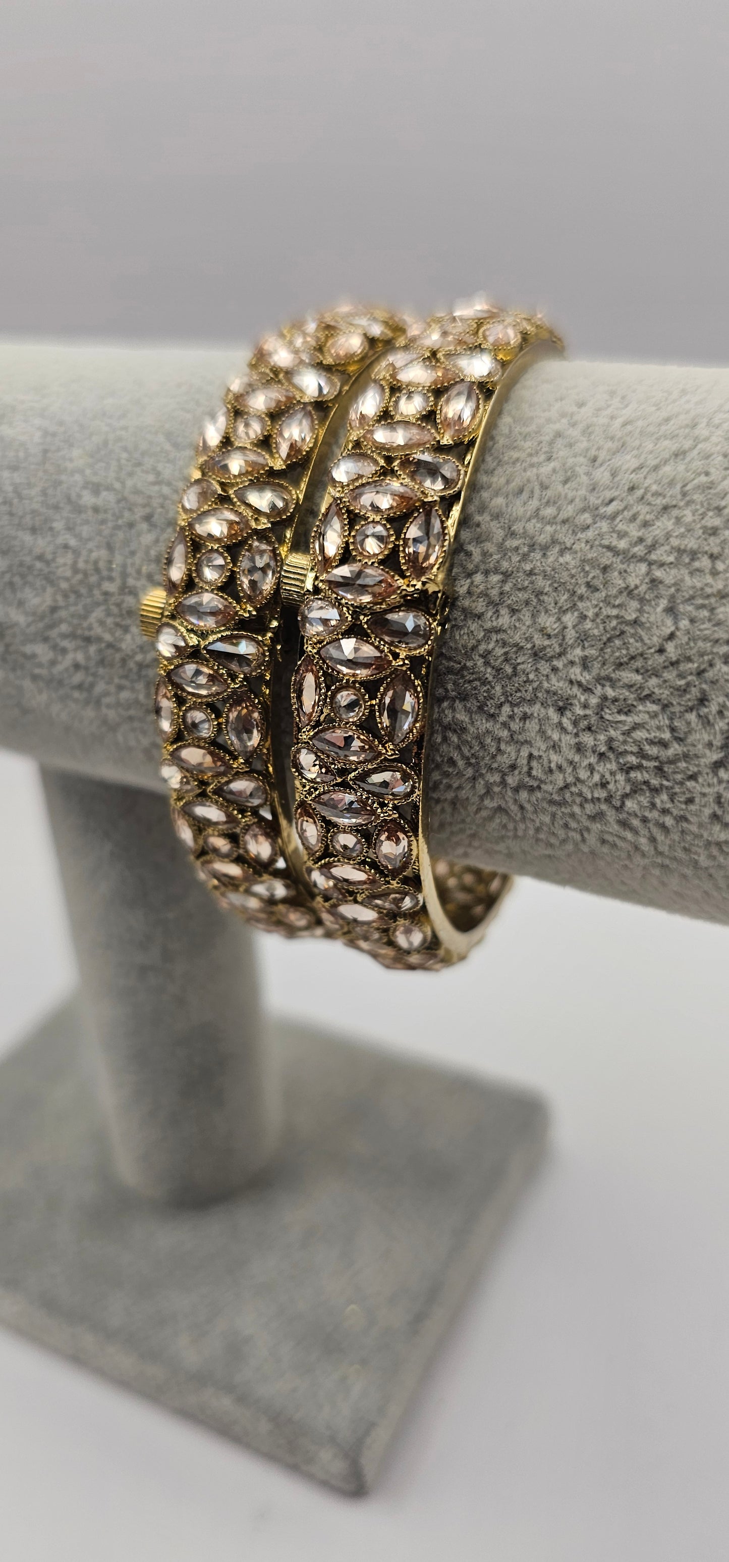 Antique Gold Champagne Zircon Thick Heavy Kada Bangles End Bangles Indian Pakistani Jewelley  Size 2.6
