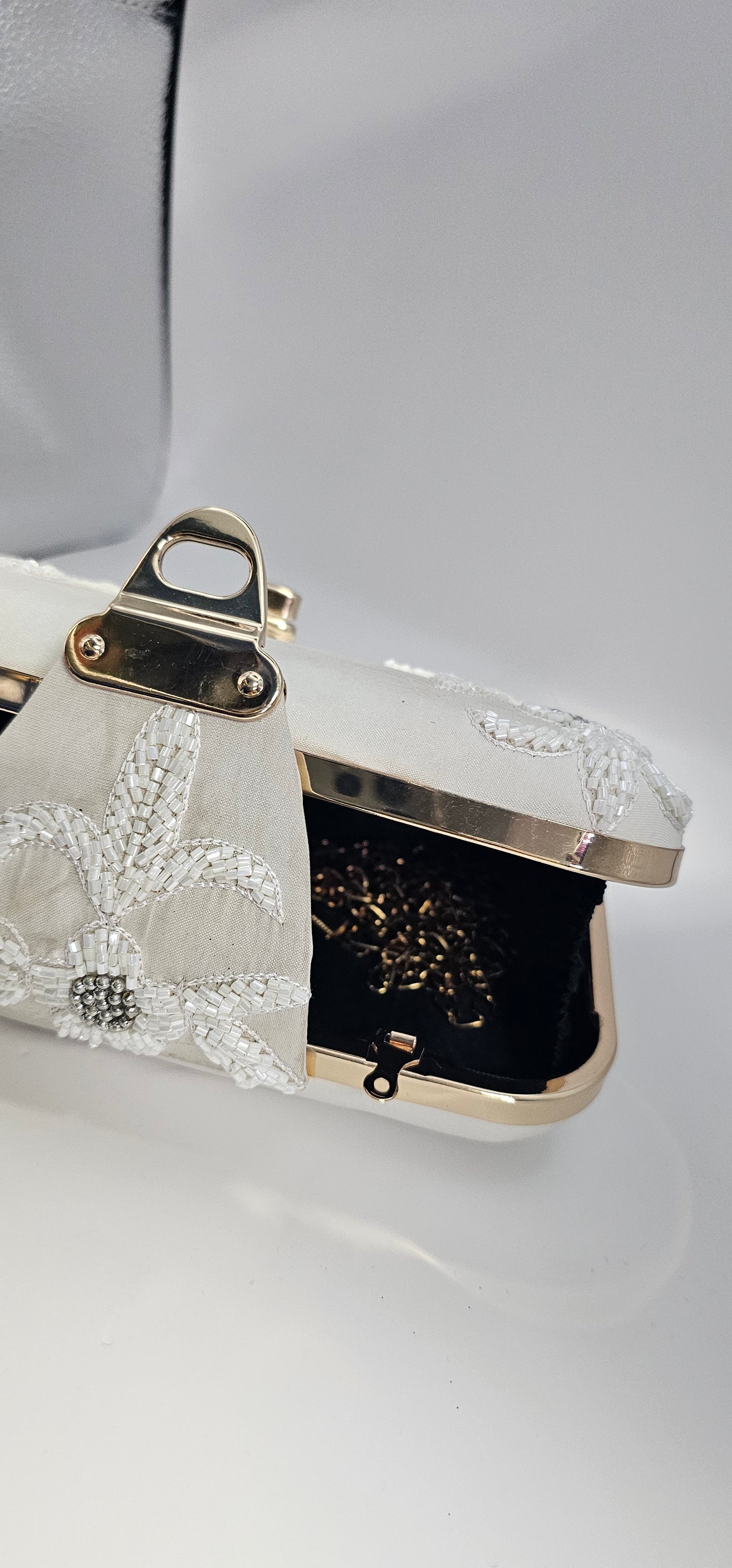 Ivory & Rose Gold Rhinestone Clutch bag with Gold Chain