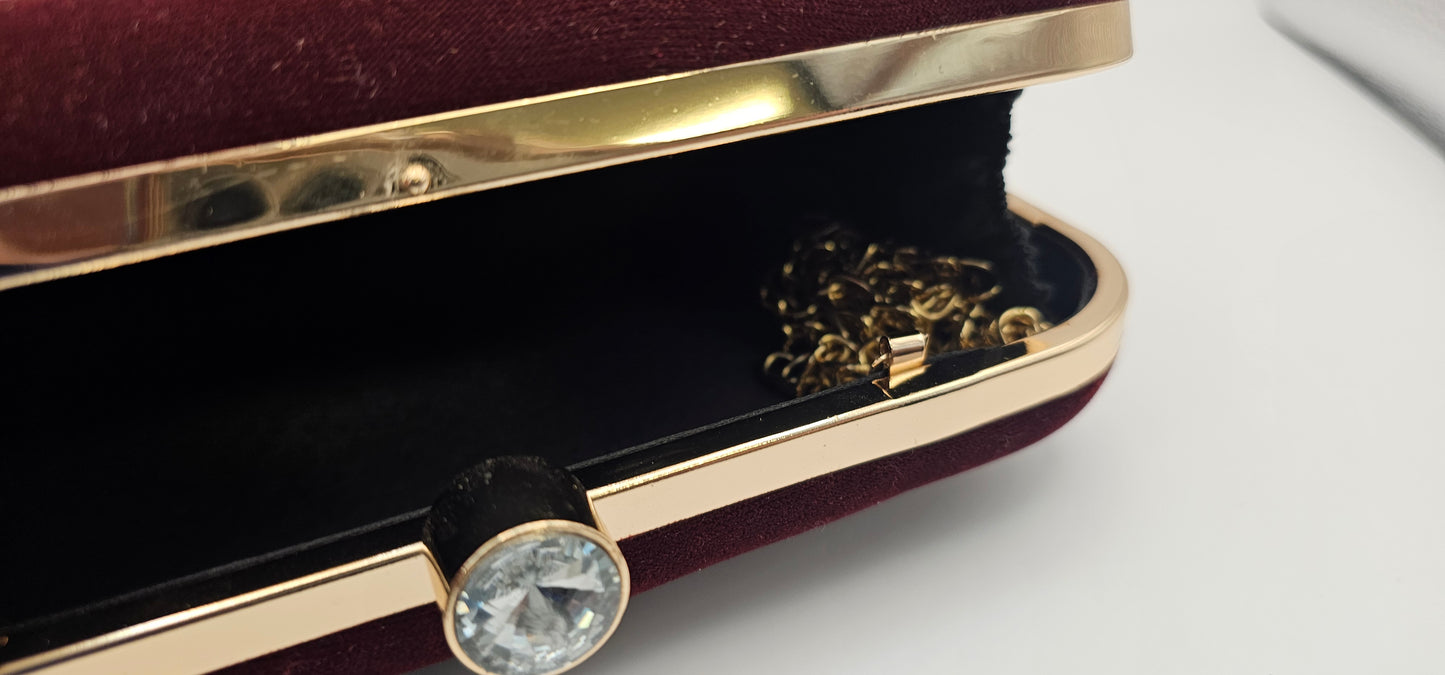 Maroon Velvet Floral Gold Clutch Bag