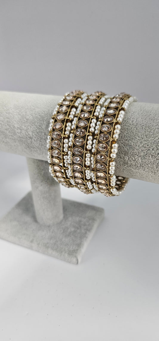 NEW Stylish Indian bangles Gold Cream Beaded Design Pair size 2.6?