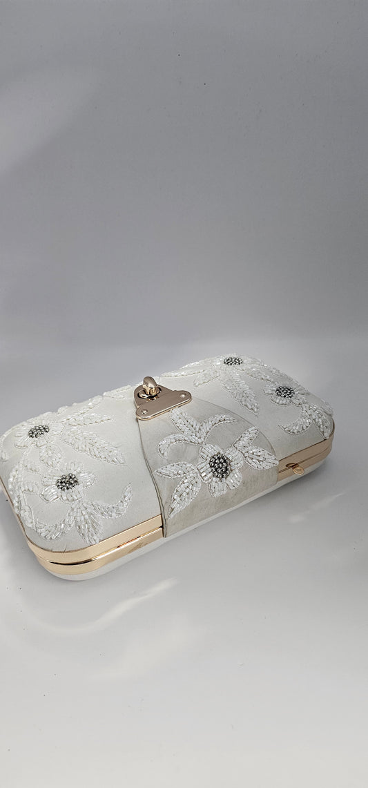 Ivory & Rose Gold Rhinestone Clutch bag with Gold Chain