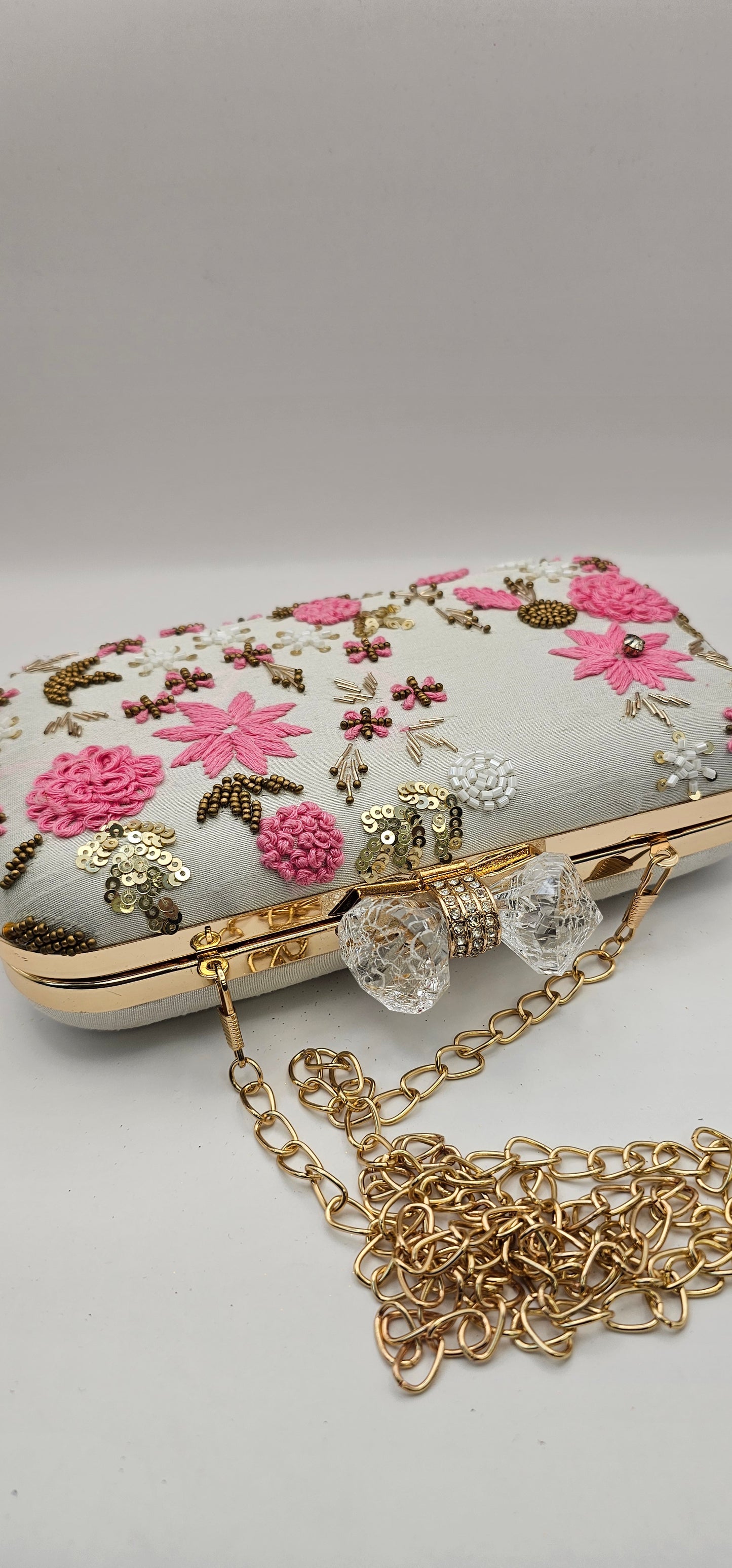 Pink & White Silk Embroidered Clutch Bag