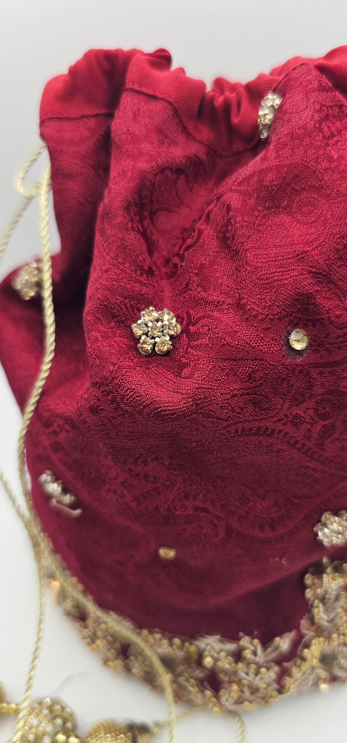 Maroon Red  Embroidered With Gold & Rhinestone Detailing Potli Lotus Bag
