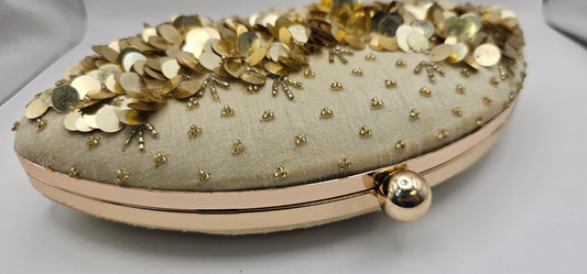 Silk Champagne Coloured Gold Rhinestones, Sequins Oval Shaped Embellished Clutch