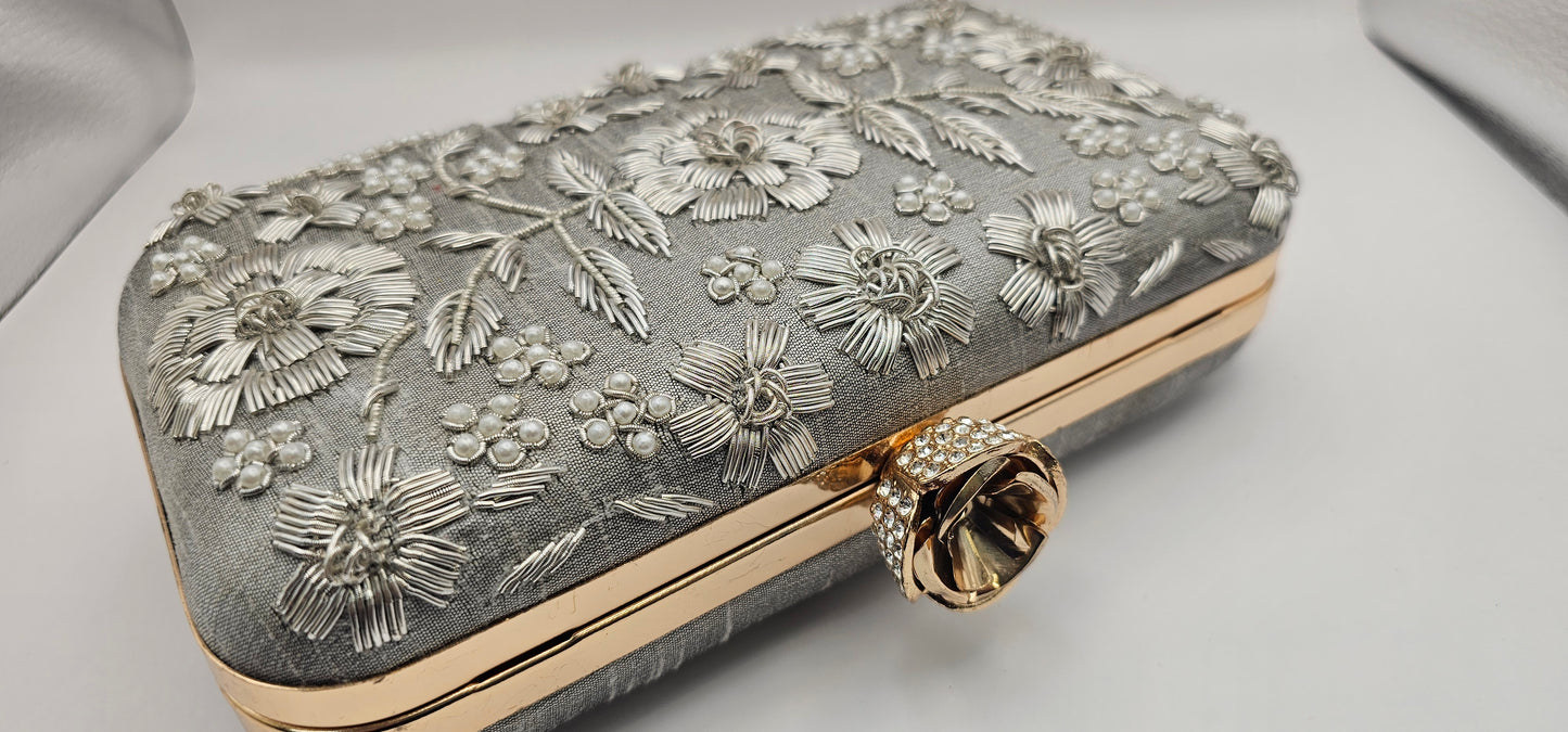 Silk Grey Embroidered Floral Pearl Design & Rose Gold Clutch Bag