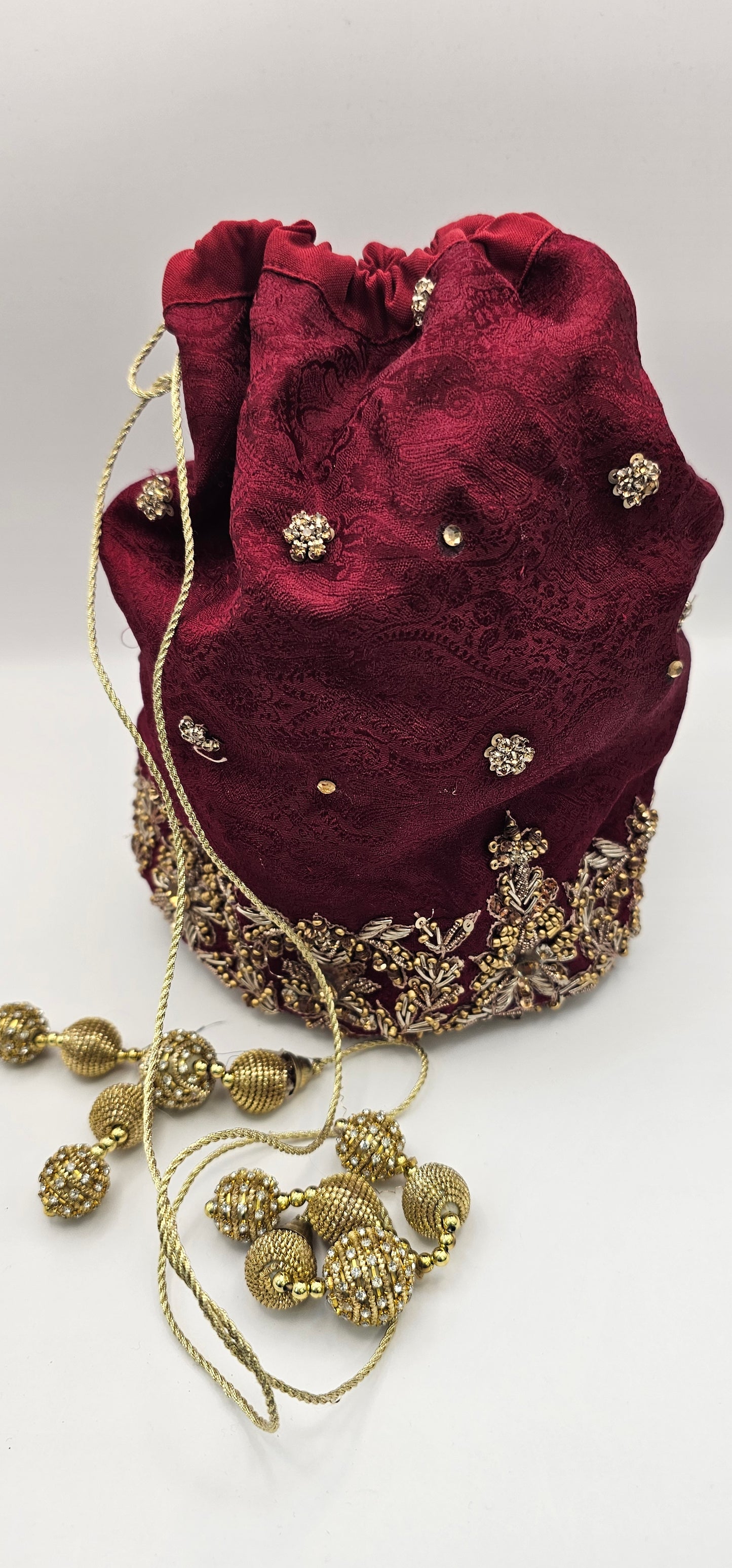Maroon Red  Embroidered With Gold & Rhinestone Detailing Potli Lotus Bag
