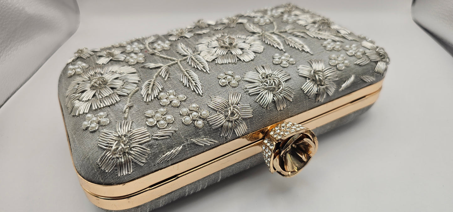 Silk Grey Embroidered Floral Pearl Design & Rose Gold Clutch Bag