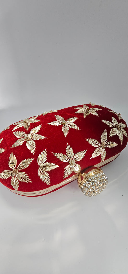 Maroon Velvet & Gold Embroidered Clutch Bag