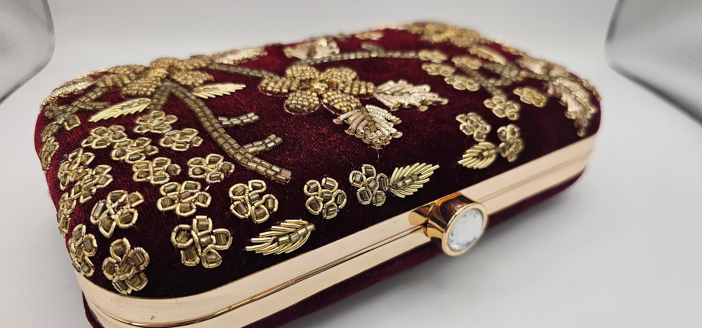 Maroon Velvet Floral Gold Clutch Bag