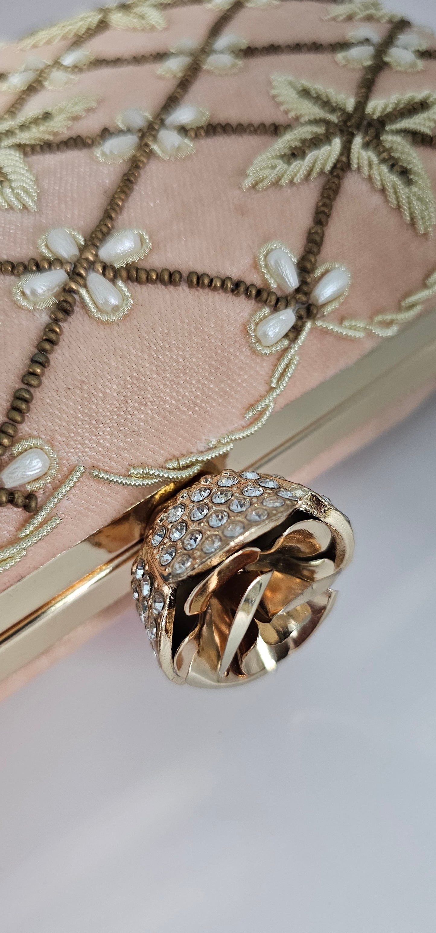 Peach, Gold & Pearl Embroidered Clutch Bag