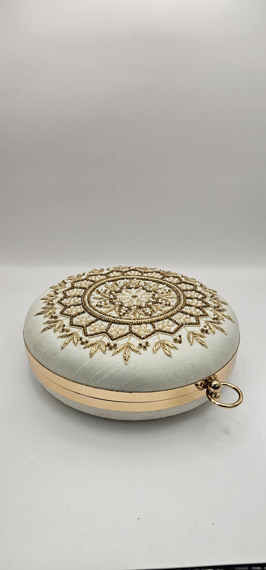 Silk Off White Champagne Round Handcrafted Mandala Design Clutch