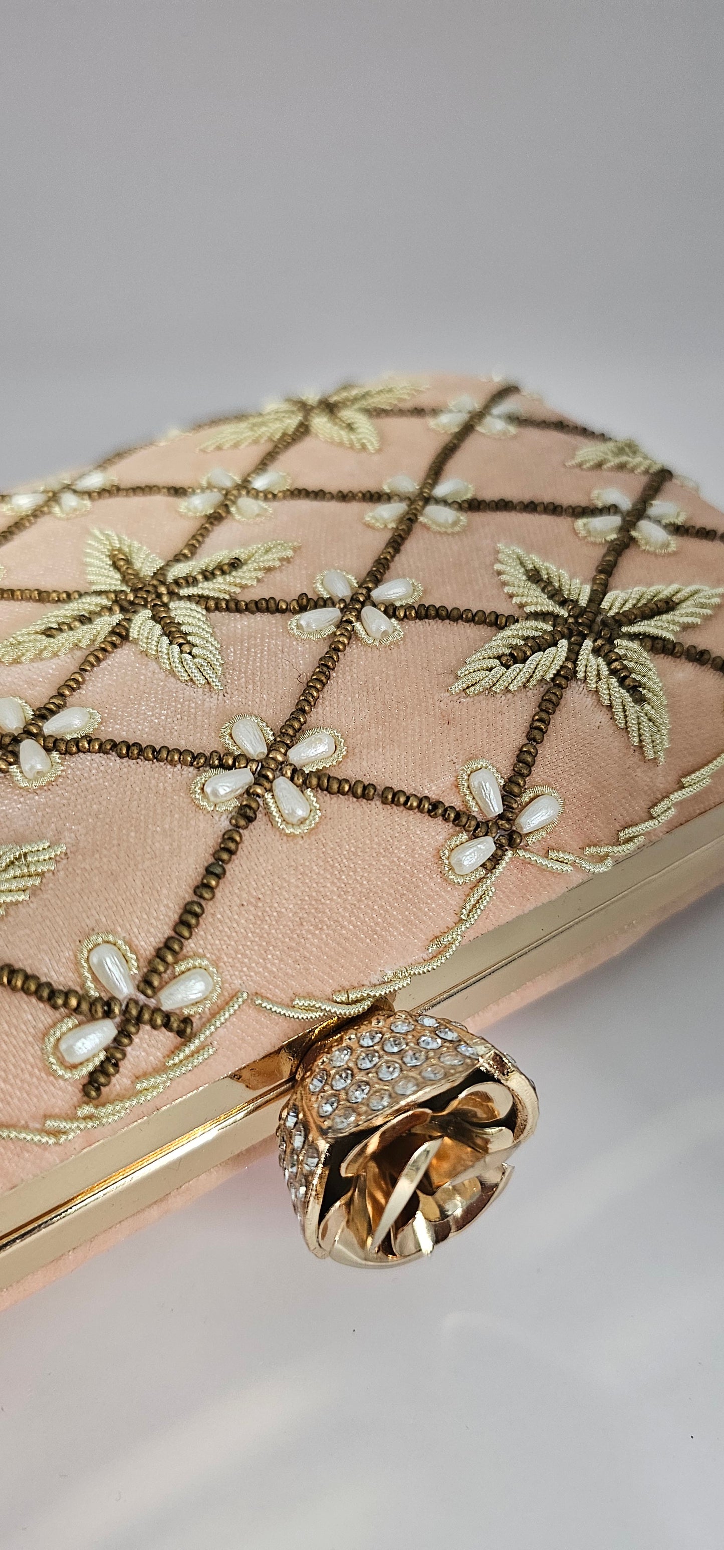 Peach, Gold & Pearl Embroidered Clutch Bag