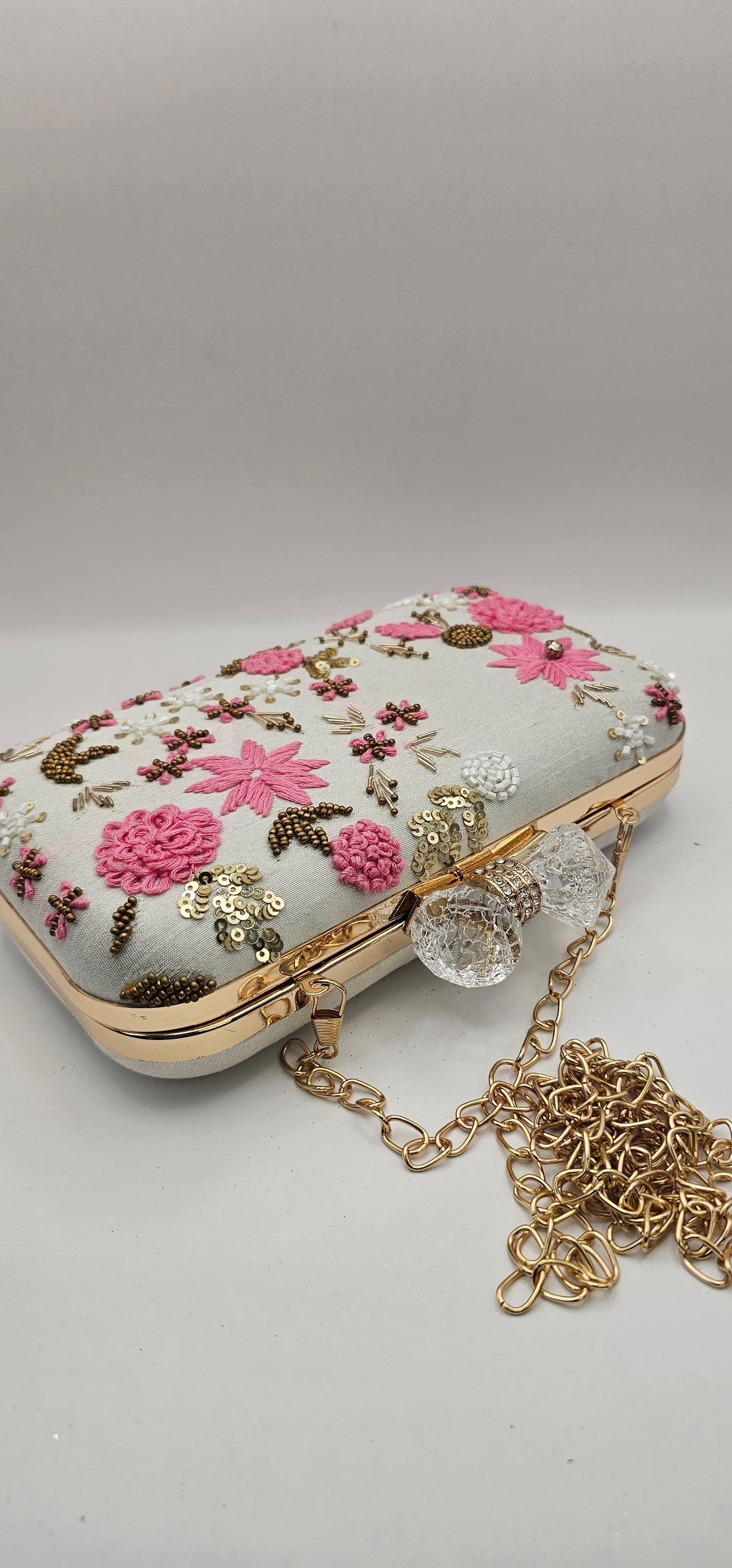Pink & White Silk Embroidered Clutch Bag