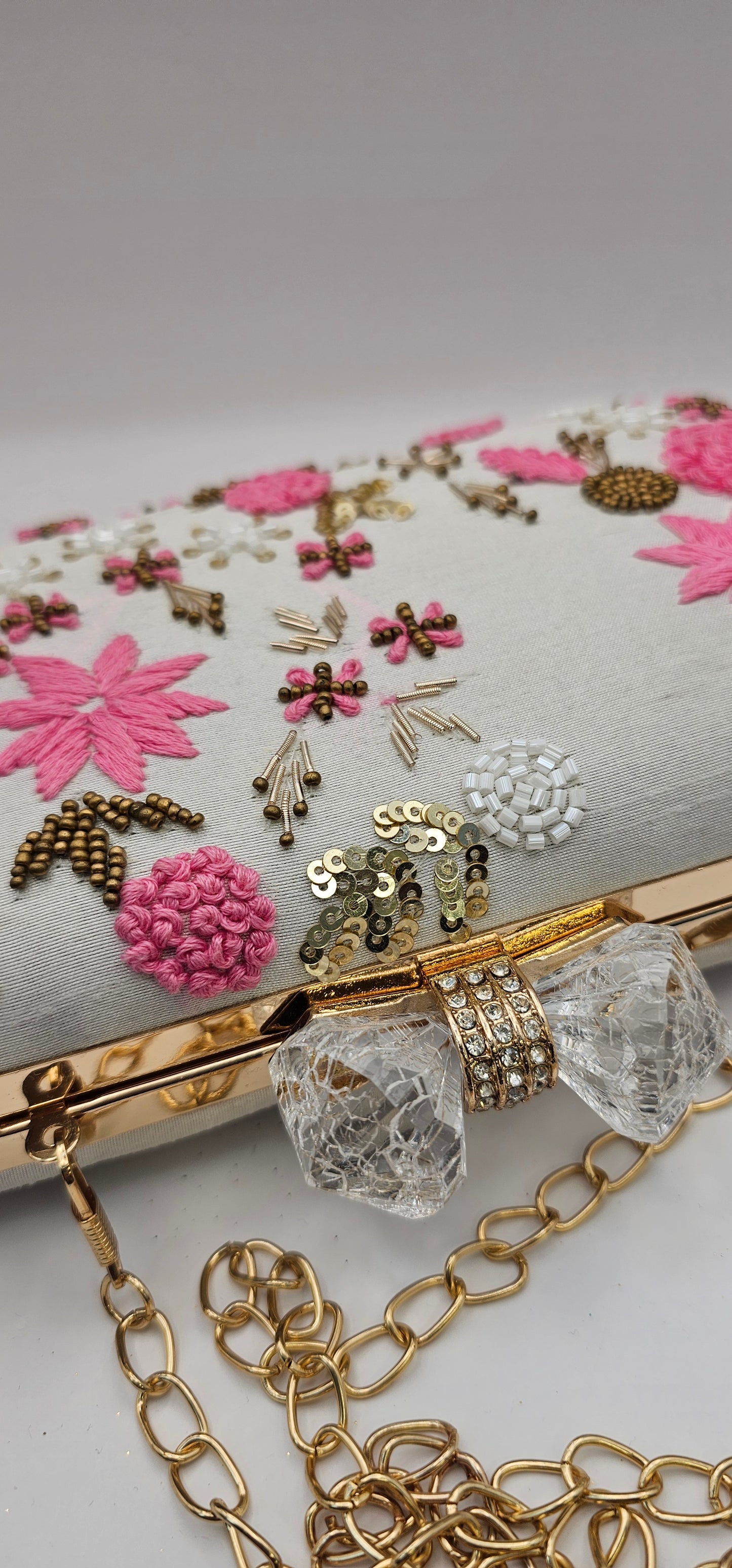Pink & White Silk Embroidered Clutch Bag