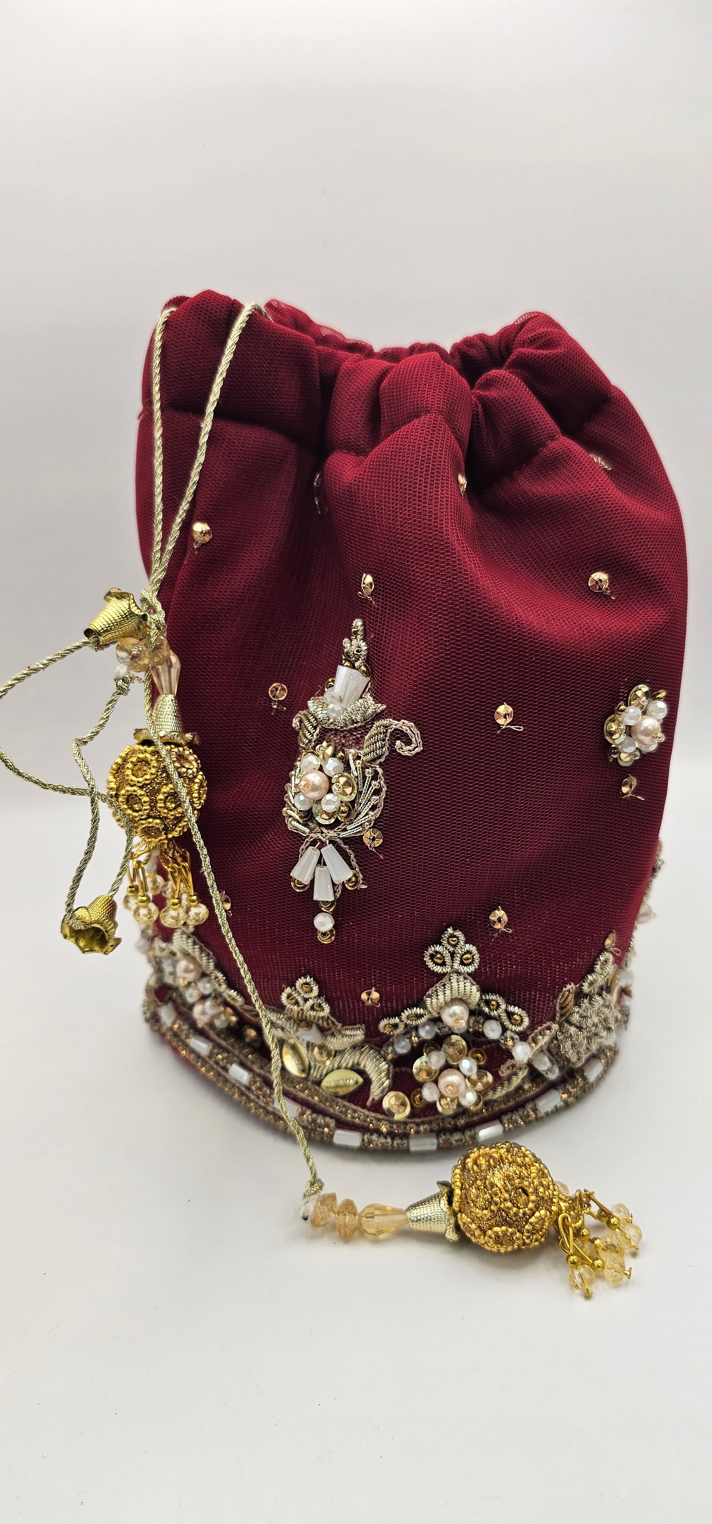 Maroon Red  Embroidered With Gold & Rhinestone Detailing Potli Lotus Bag