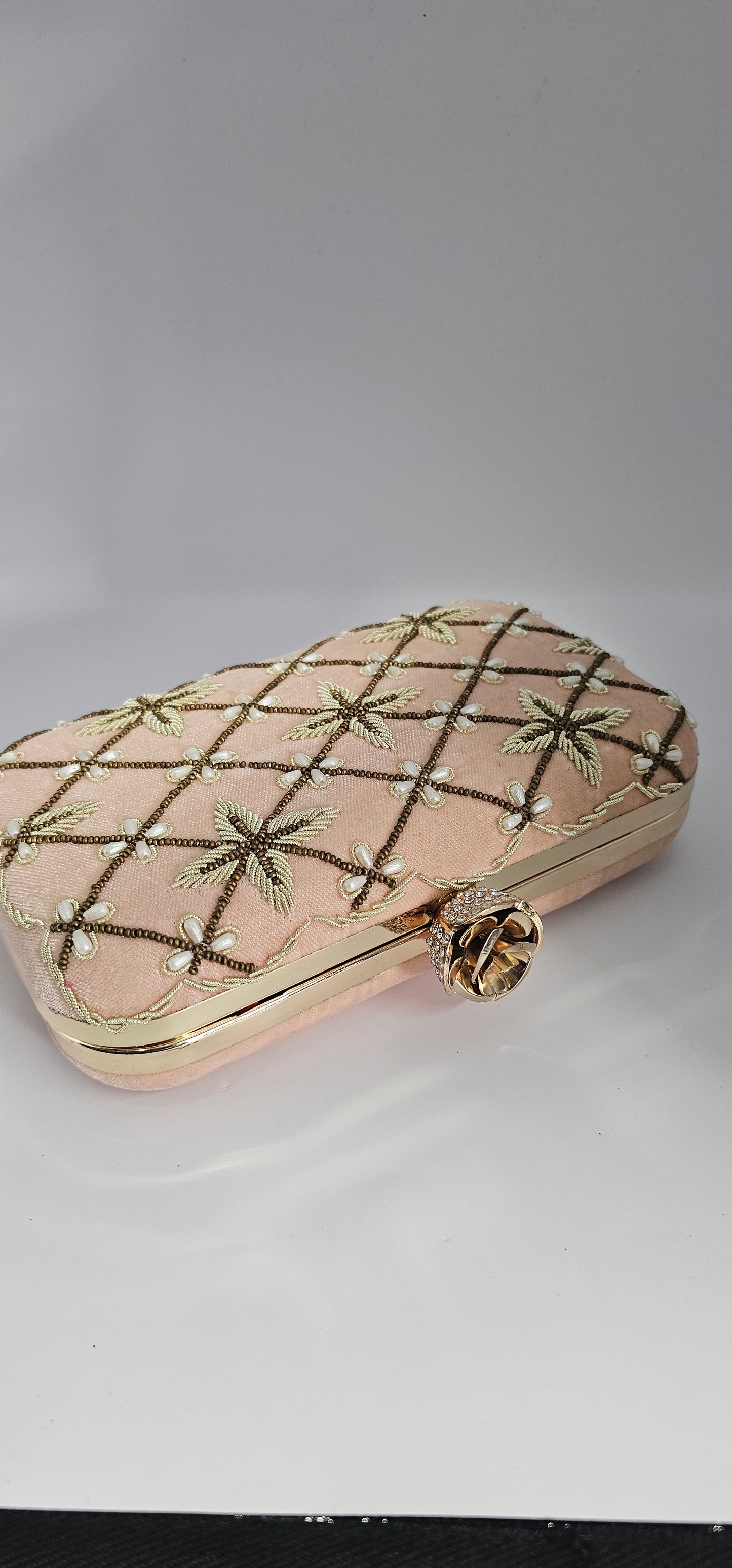 Peach, Gold & Pearl Embroidered Clutch Bag