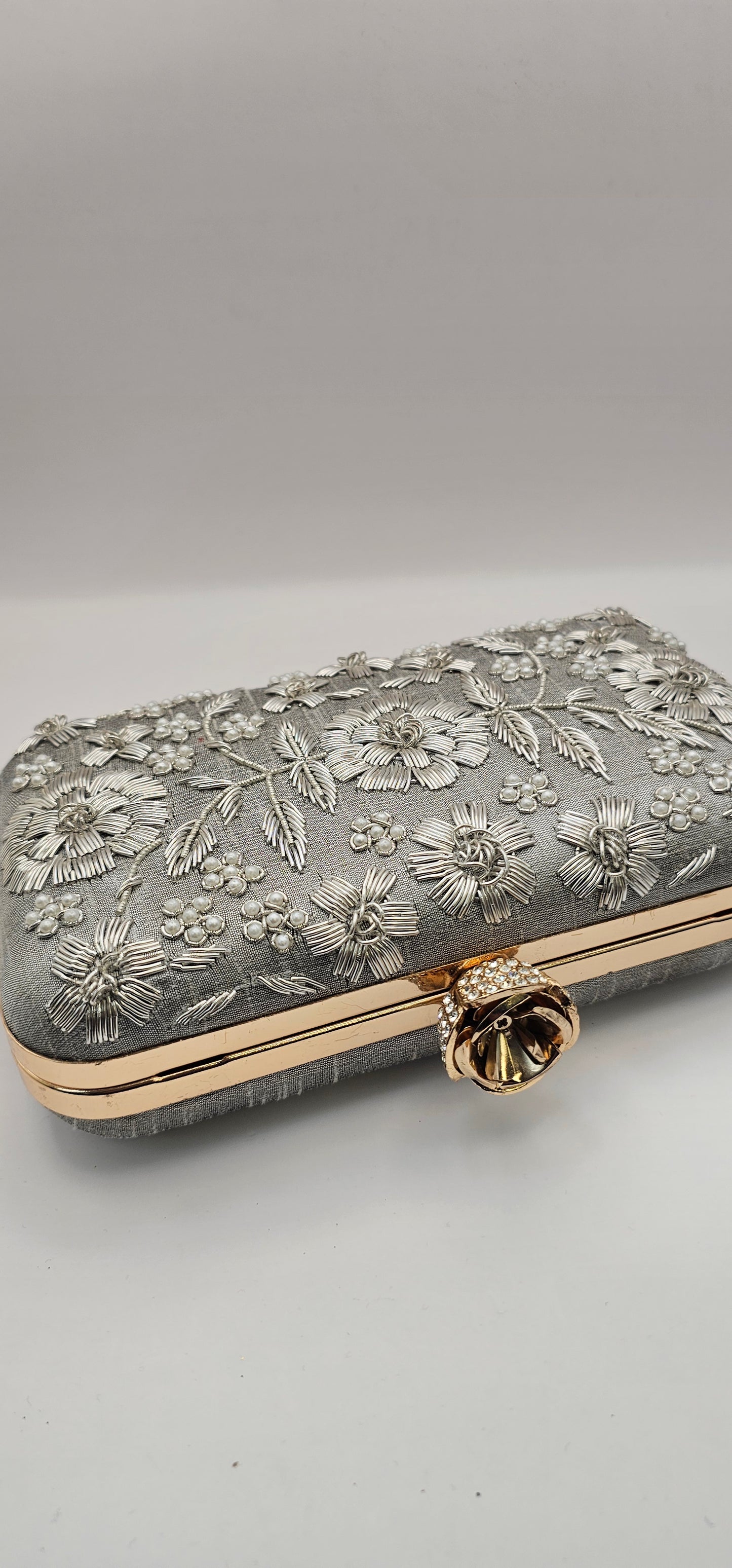 Silk Grey Embroidered Floral Pearl Design & Rose Gold Clutch Bag