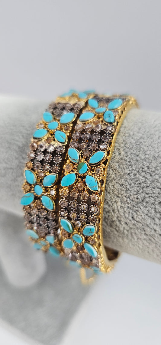 Indian Pakistani 2 Gold Plated Wide Kara Bangles With Ferozi Turquoise Stones Size 2.6