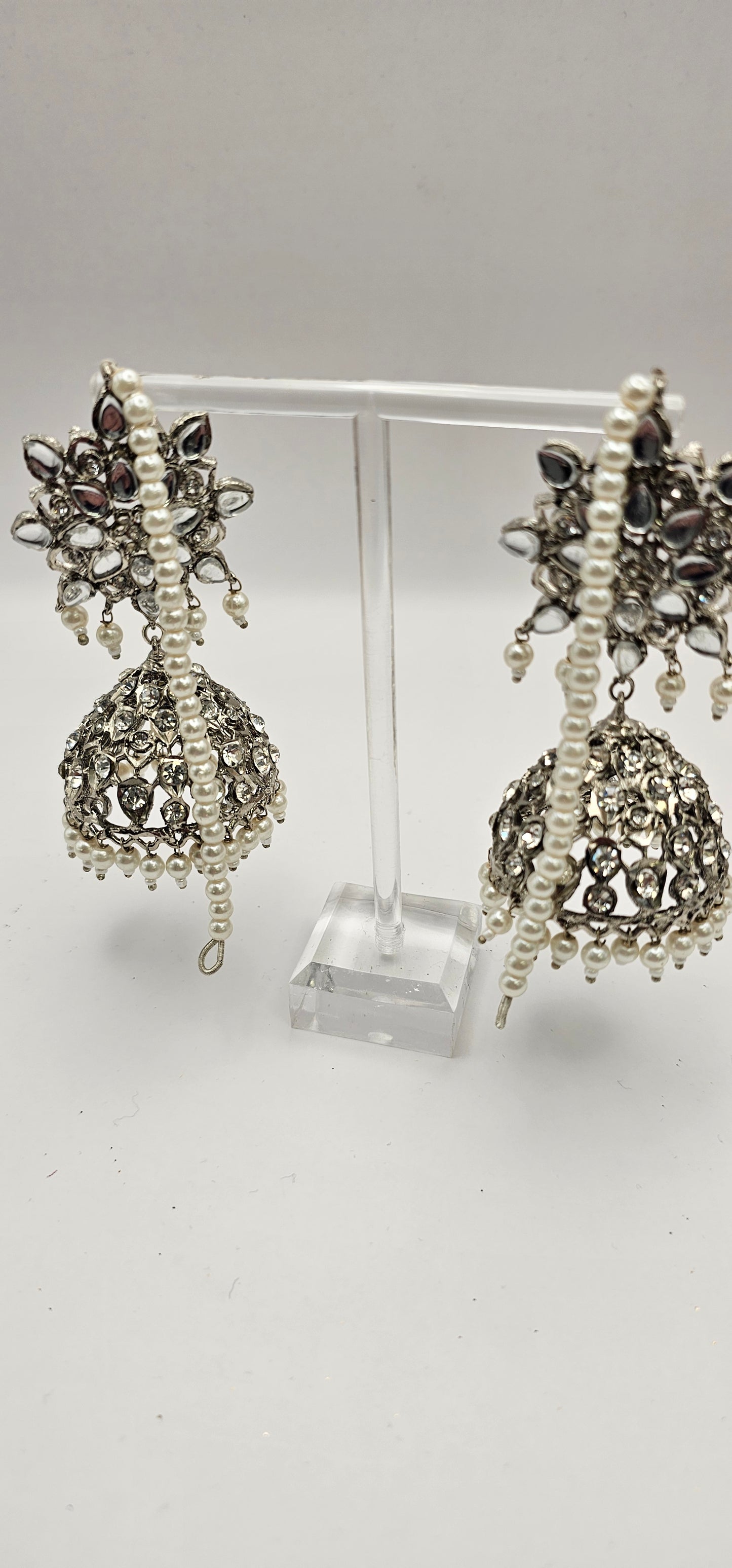 Silver Earrings With Crystal & Pearl Detail