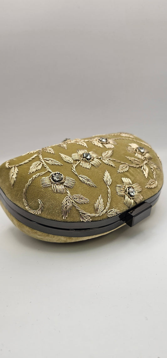 Gold Velvet Floral Embroidered Clutch Bag