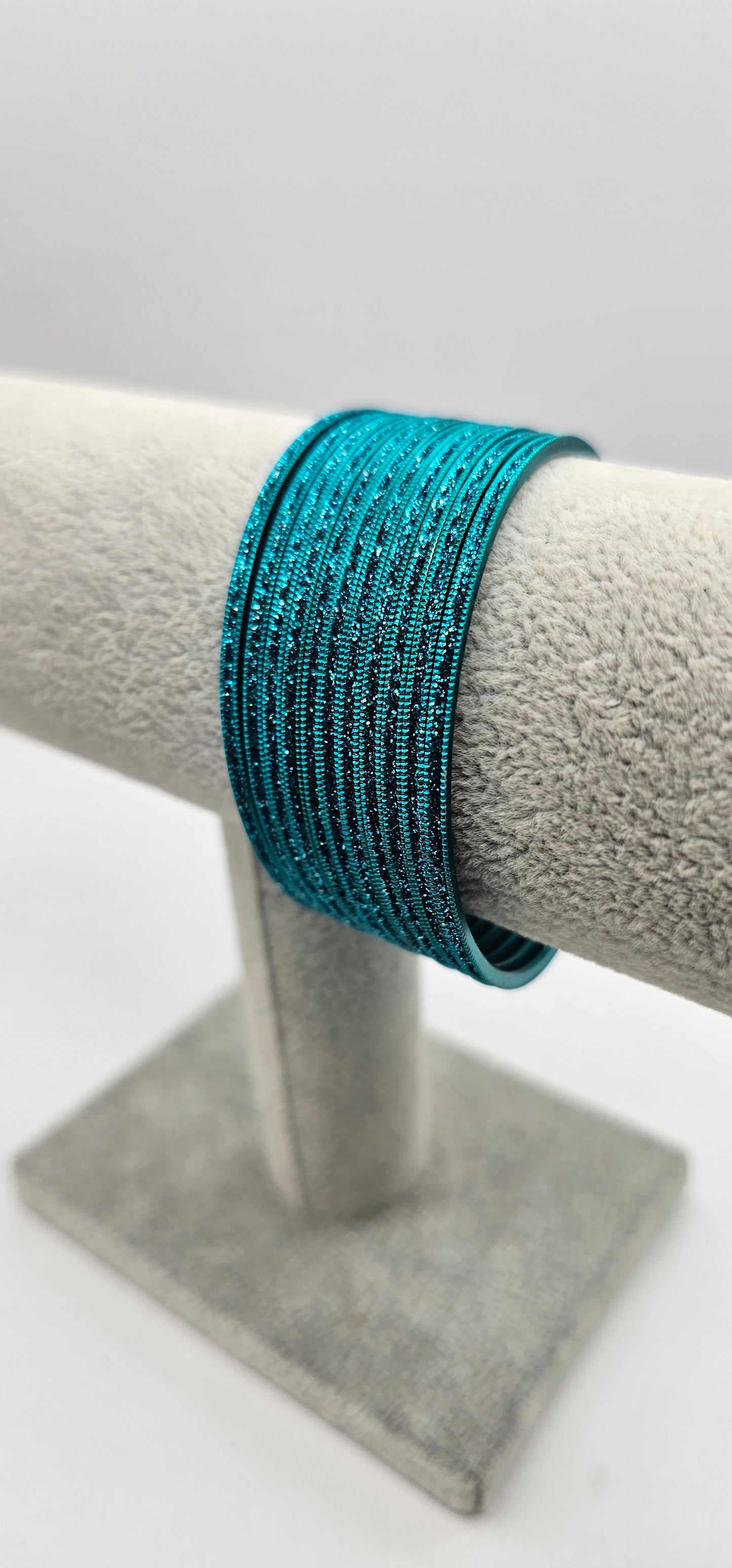 Turquoise Blue Sparkly Indian Metal Bangles Size 2.4