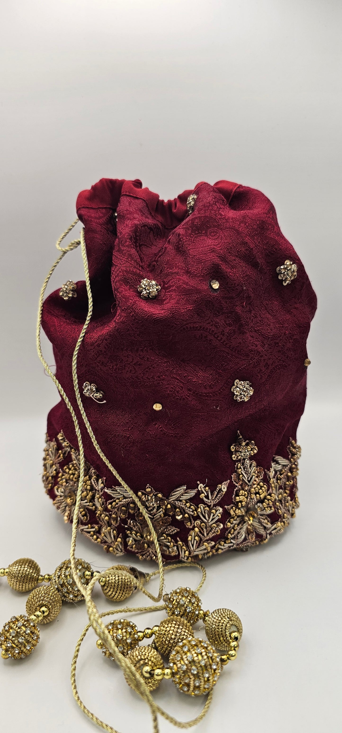 Maroon Red  Embroidered With Gold & Rhinestone Detailing Potli Lotus Bag