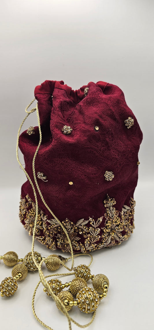 Maroon Red  Embroidered With Gold & Rhinestone Detailing Potli Lotus Bag