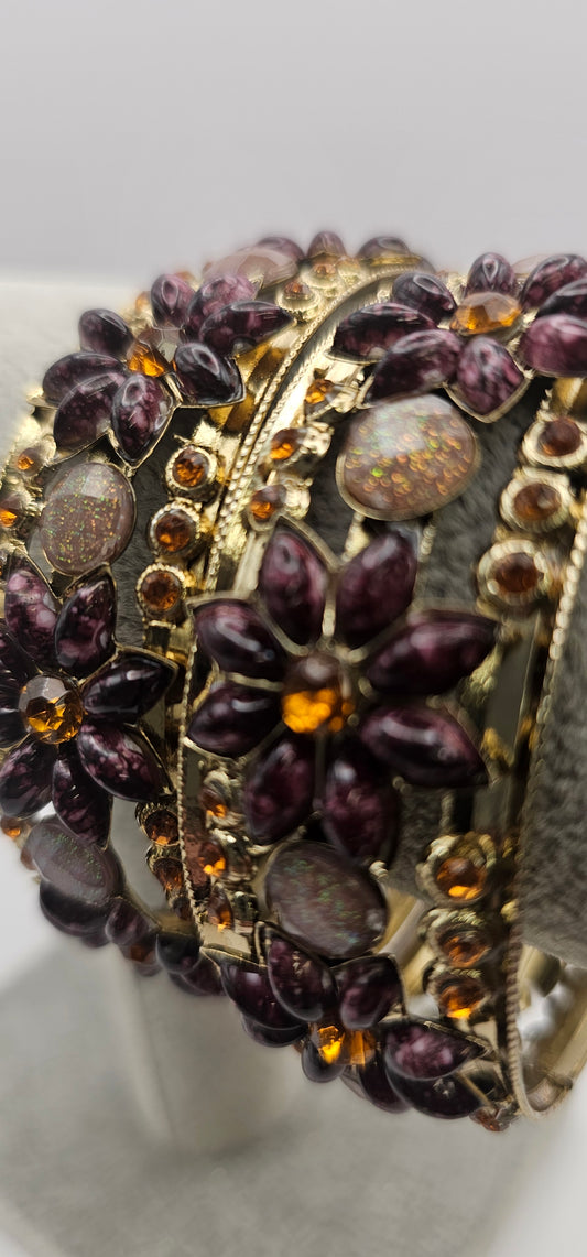 Gold/Brown - Vintage Style Gold Metal with Flower, Rhinestones for Wedding Jewellery Bangle bracelet Multi-color Size 2.10