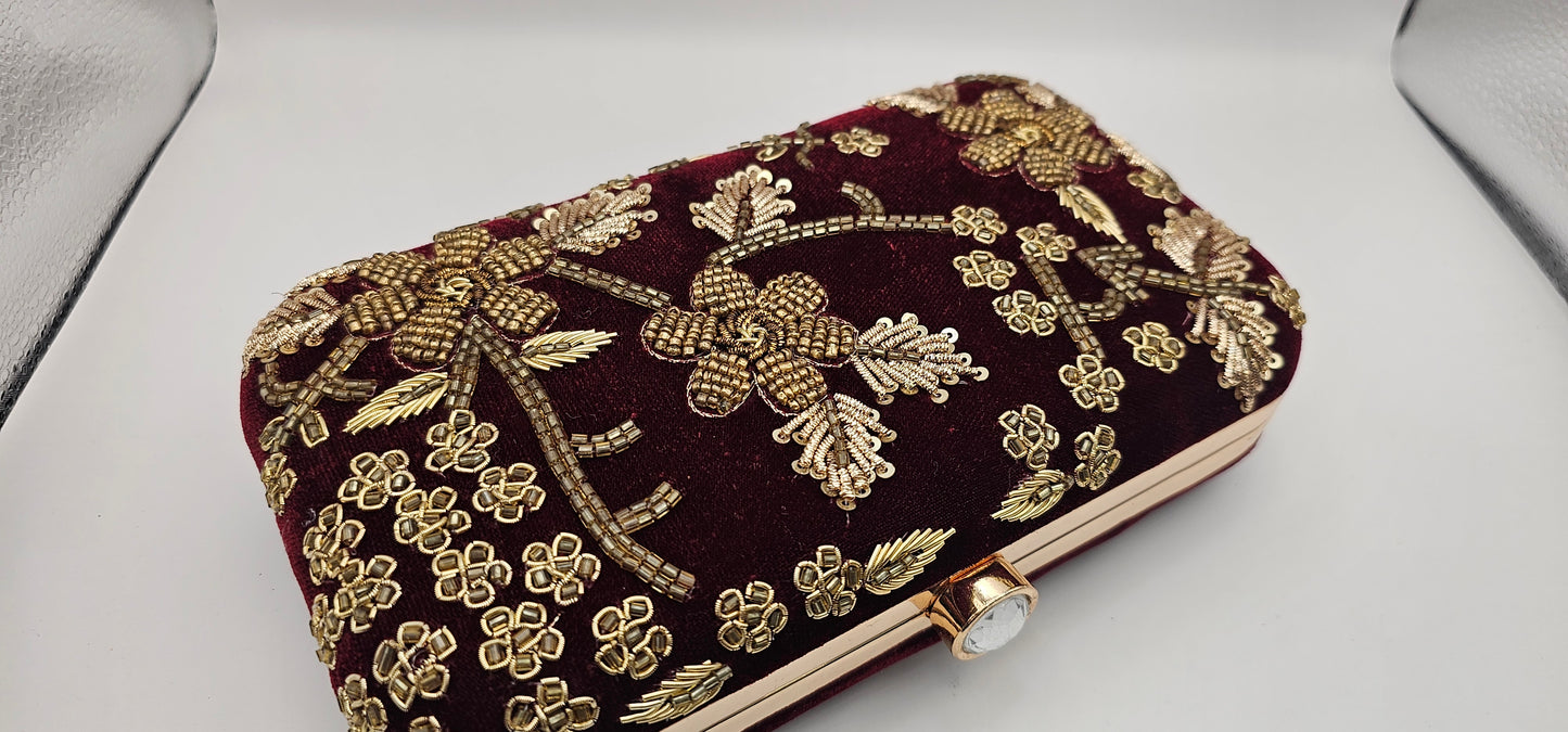Maroon Velvet Floral Gold Clutch Bag